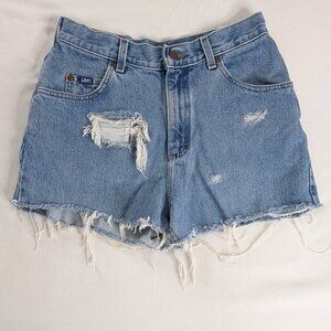 VTG Lee Light Wash Denim Distressed Raw Hem Cut Offs High Rise Jean Shorts